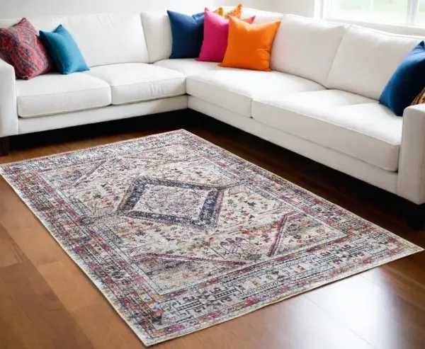 8' x 10' Abstract Area Rug - Ivory Red And Pink