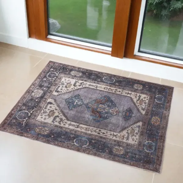 2' x 3' Floral Area Rug - Blue Brown And Ivory