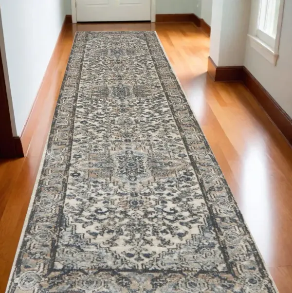 12' x 2.2' Medallion Power Loom Runner Rug - Gray And Ivory