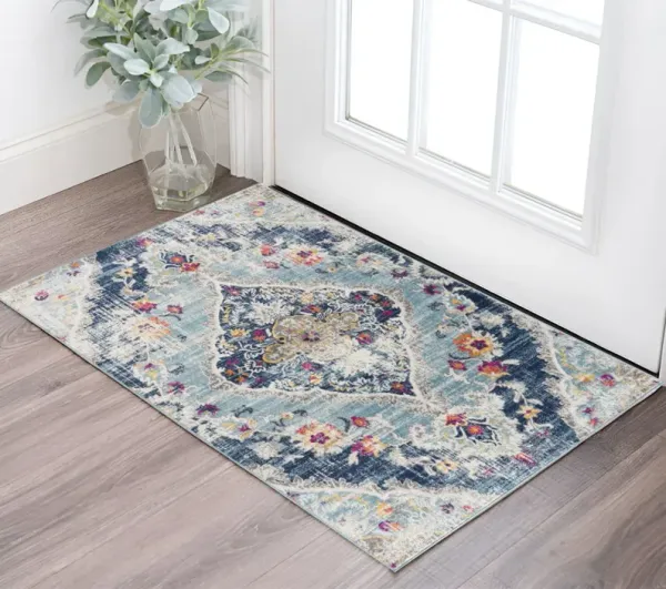 2' x 3' Oriental Washable Non Skid Area Rug - Blue And Beige