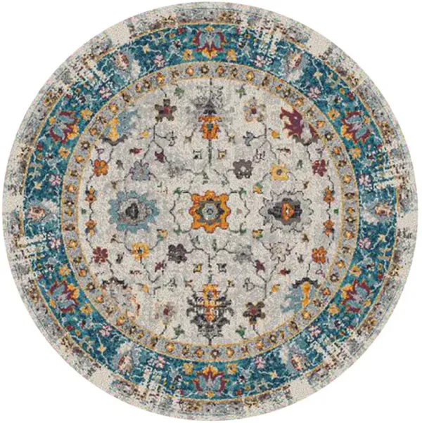 7' Floral Power Loom Round Rug - Blue And Orange