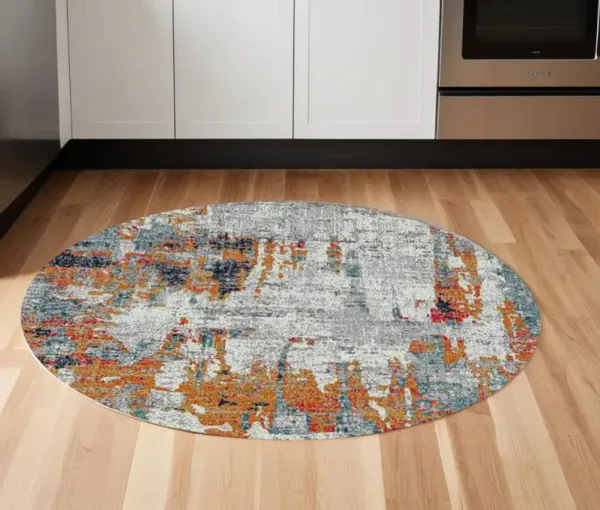 7' Abstract Power Loom Round Rug - Blue And Orange