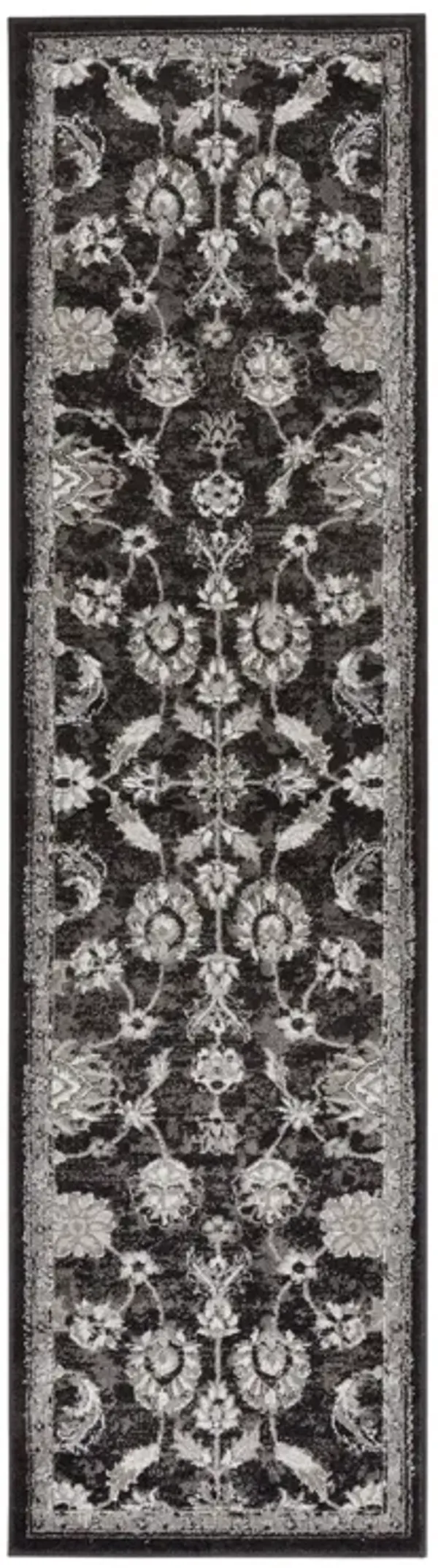 10' Floral Power Loom Runner Rug - Ivory Black And Gray