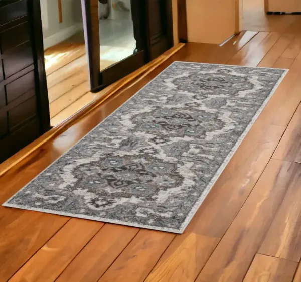 6' Medallion Power Loom Runner Rug - Ivory Taupe And Gray