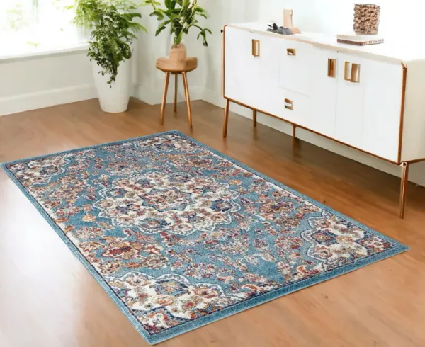 4' x 6' Medallion Power Loom Area Rug - Ivory Blue And Orange