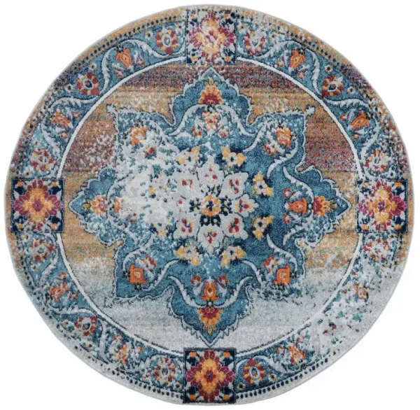 6' Medallion Power Loom Round Rug - Blue Red And Orange