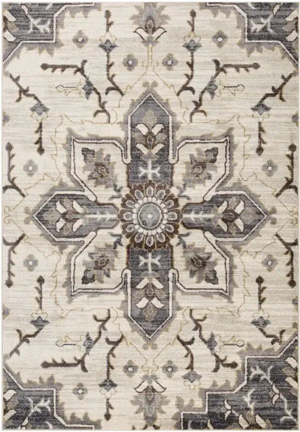 10' Floral Medallion Power Loom Runner Rug - Ivory Gray And Black