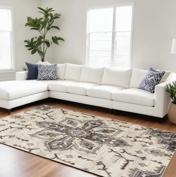 6' x 9' Floral Medallion Power Loom Area Rug - Ivory Gray And Black