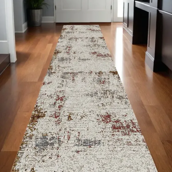 10' Abstract Power Loom Runner Rug - Ivory Red And Gold