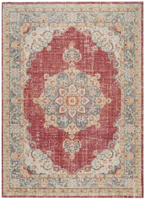 2' x 3' Medallion Power Loom Worn Faded Area Rug - Ivory Red And Blue