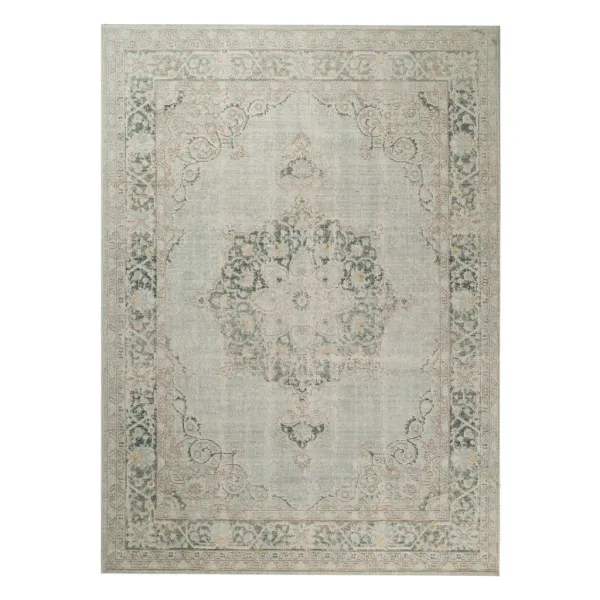 2' x 3' Medallion Power Loom Worn Faded Area Rug - Ivory And Green