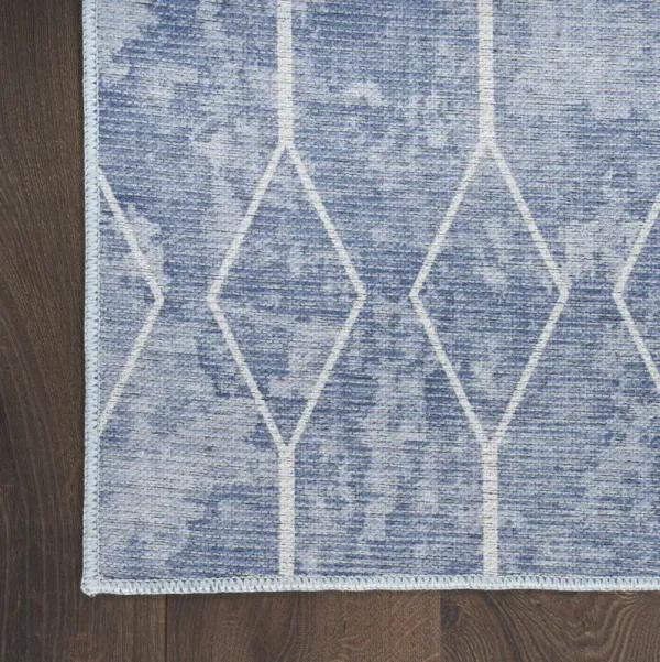 8' Geometric Power Loom Washable Runner Rug - Blue And Off White