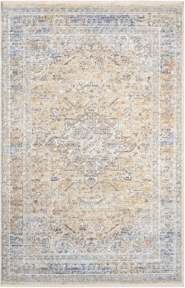 3' x 5' Oriental Power Loom Distressed Area Rug - Gray And Gold