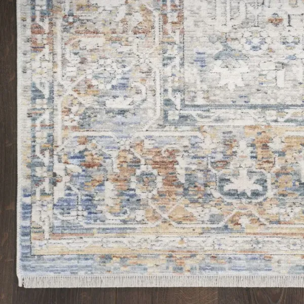12' Oriental Power Loom Distressed Runner Rug - Ivory Blue And Orange
