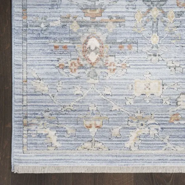 12' Oriental Power Loom Distressed Runner Rug - Blue And Ivory
