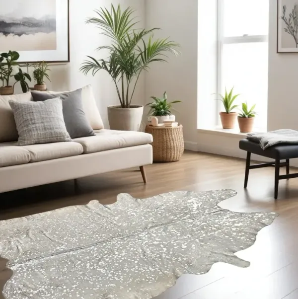 6' x 7' Cowhide Hand Knotted Area Rug - Ivory And Silver