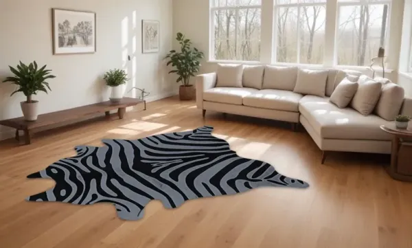 6' x 7' Zebra Print Genuine Cowhide Area Rug - Gray And Black