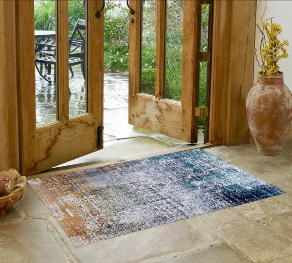 3' x 5' Abstract Shag Printed Washable Non Skid Area Rug - Blue And Silver