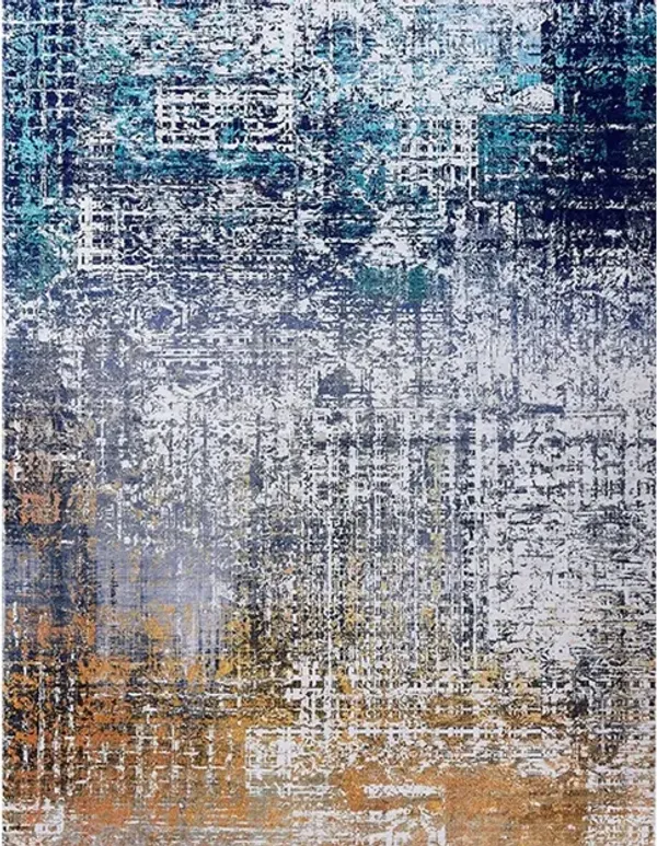 6' x 9' Abstract Shag Printed Washable Non Skid Area Rug - Blue And Silver