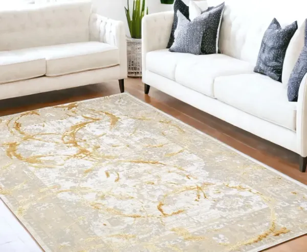 7.9' x 11.2' Abstract Area Rug - Beige And Gold