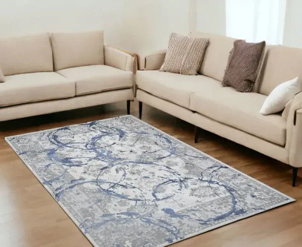 5' x 8' Abstract Area Rug - Ivory Blue And Gray