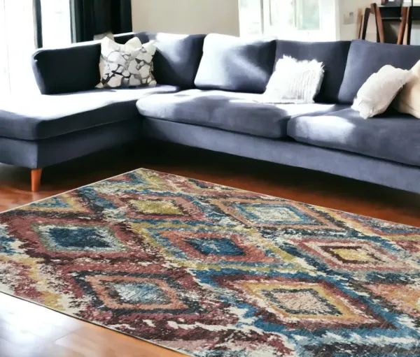 9' x 13' Geometric Distressed Area Rug With Fringe - Blue