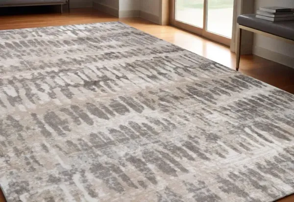 5.3' x 5.3' Modern Abstract Distressed Polyester Area Rug - Beige And Brown