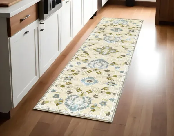 8' Floral Power Loom Worn Faded Runner Rug - Tan Blue And Gray