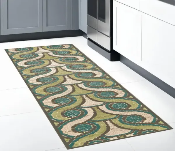 8' Geometric Power Loom Runner Rug - Tan Blue And Green