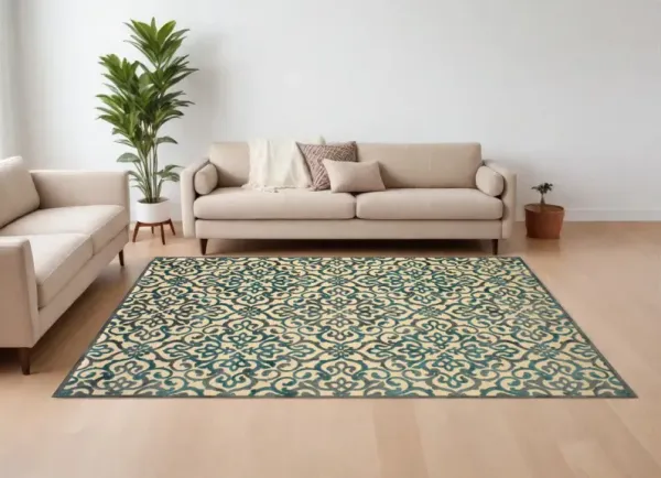 8' x 11' Floral Power Loom Area Rug - Tan Blue And Taupe