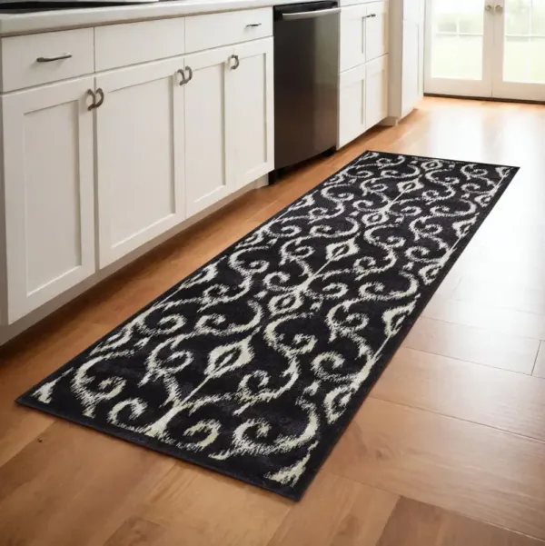 8' Damask Power Loom Runner Rug - Black And Ivory