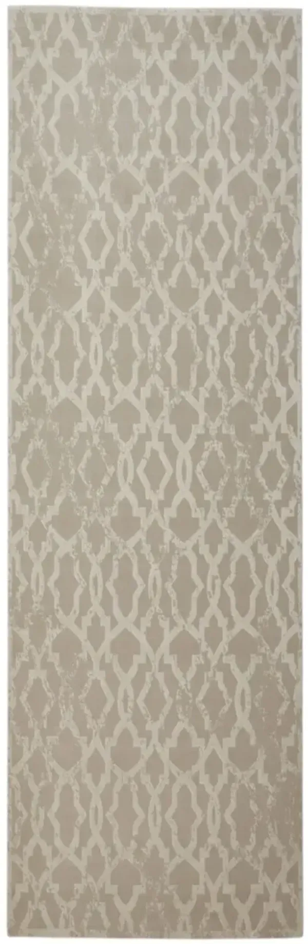 8' Geometric Power Loom Worn Faded Runner Rug - Tan And Ivory