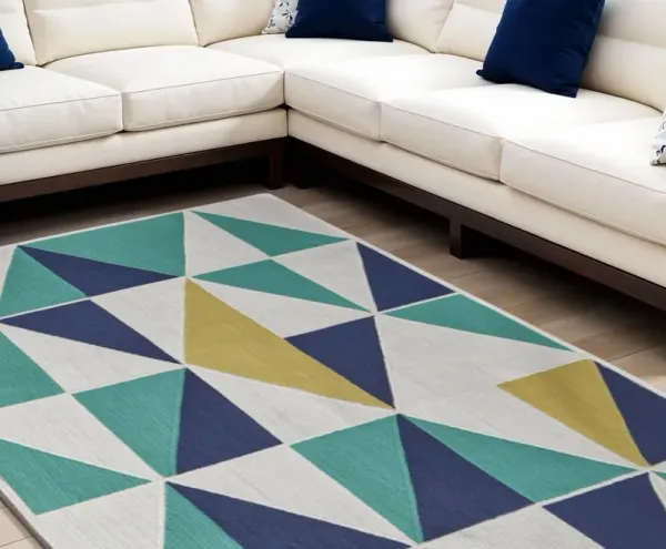 8' x 11' Geometric Power Loom Area Rug - Blue Ivory And Yellow