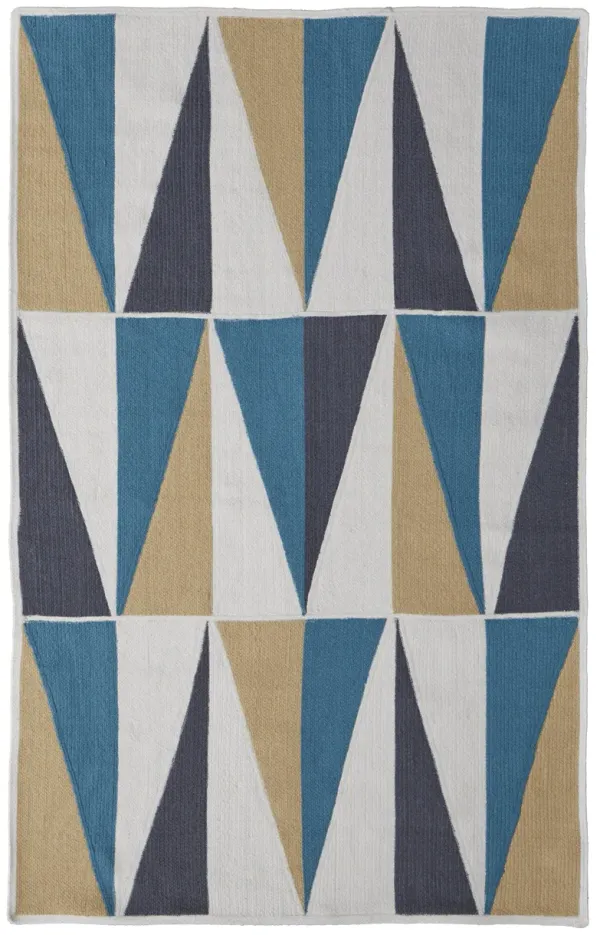 5' x 8' Geometric Power Loom Area Rug - Blue Ivory And Gold