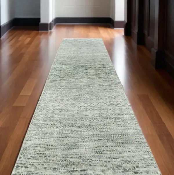 10' Wool Hand Knotted Runner Rug With Fringe - Ivory And Green