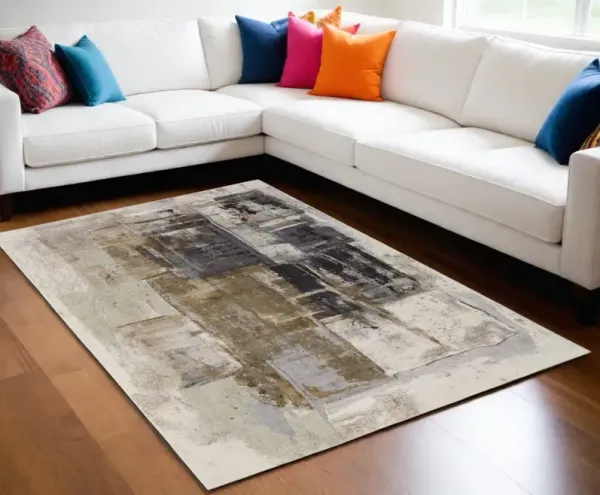 5' x 7.5' Abstract Power Loom Area Rug - Gray Black And Brown