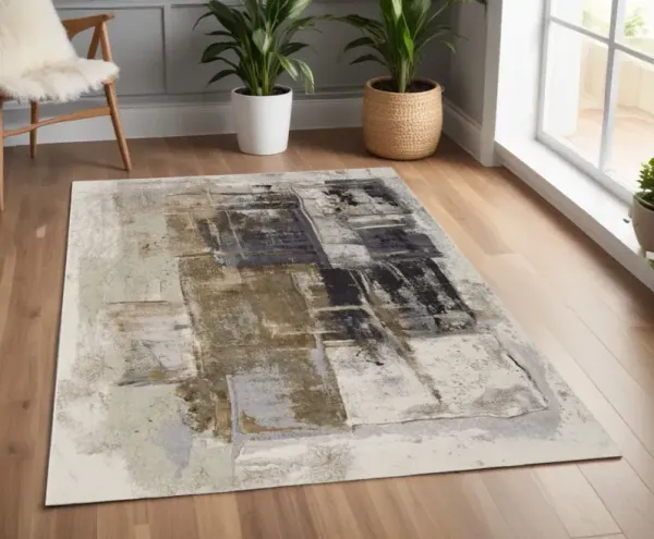 3.8' x 6' Abstract Power Loom Area Rug - Gray Black And Brown
