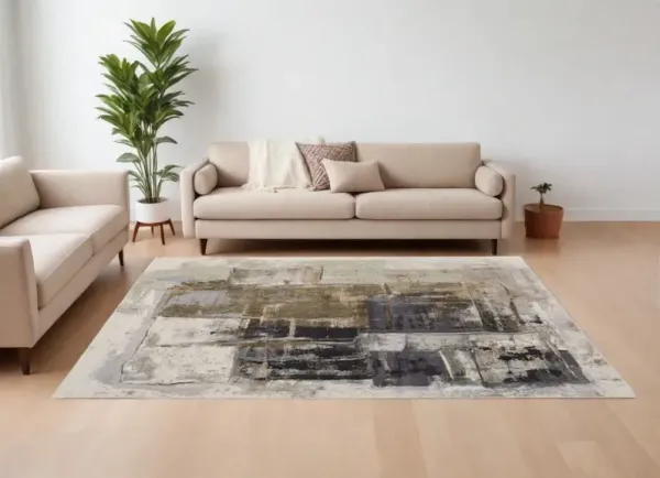 8' x 10' Abstract Power Loom Area Rug - Gray Black And Brown