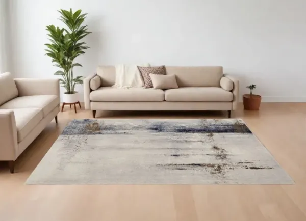 9' x 12' Abstract Power Loom Area Rug - Ivory Blue And Brown