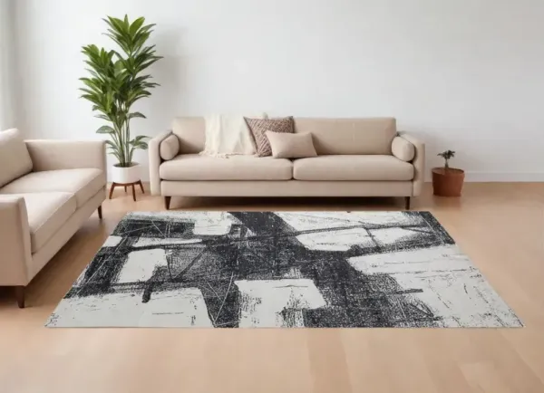 8' x 10' Industrial Abstract Hand Woven Area Rug - Black And White