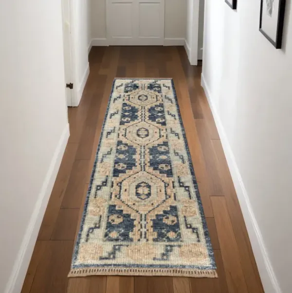 8' Wool Geometric Hand Knotted Runner Rug With Fringe - Blue And Ivory