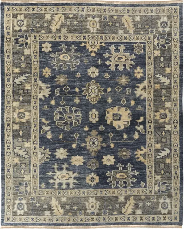 8' x 10' Wool Floral Hand Knotted Area Rug With Fringe - Blue And Gray