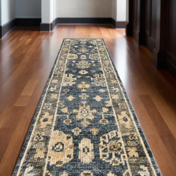 10' Wool Floral Hand Knotted Runner Rug With Fringe - Blue And Gray