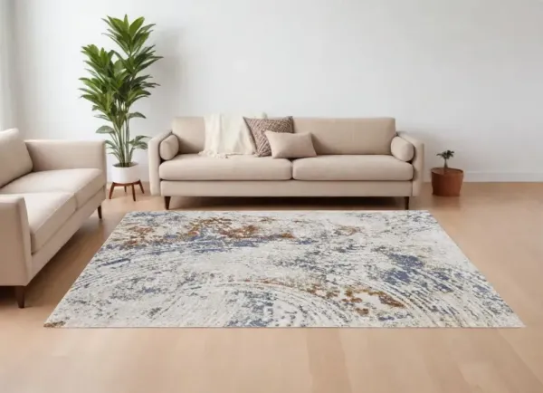 8' x 10' Abstract Power Loom Area Rug - Ivory Blue And Brown