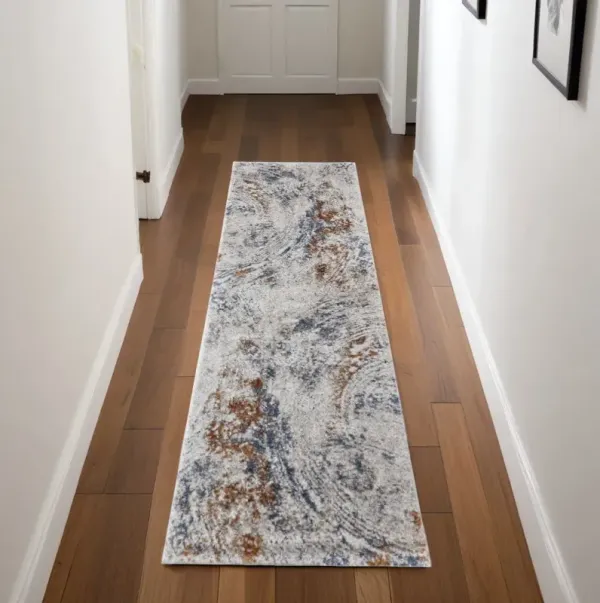 8' x 2.5' Abstract Power Loom Runner Rug - Ivory Blue And Brown
