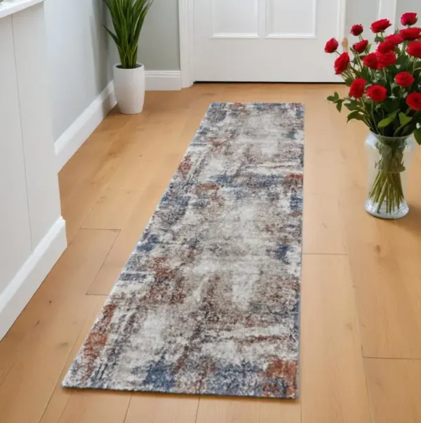 8' Abstract Power Loom Worn Faded Runner Rug - Blue Gray And Brown