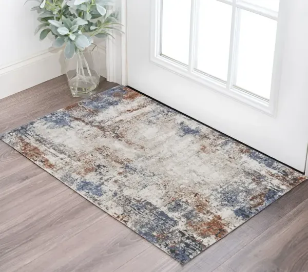 2' x 3' Abstract Power Loom Worn Faded Area Rug - Blue Gray And Brown