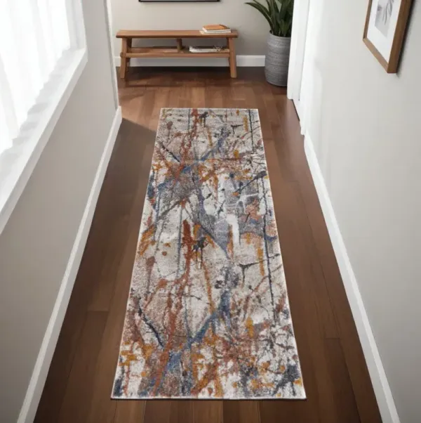8' Abstract Power Loom Runner Rug - Ivory Blue And Brown