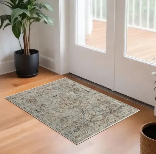 3' x 5' Oriental Power Loom Worn Faded Area Rug With Fringe - Red Tan And Blue