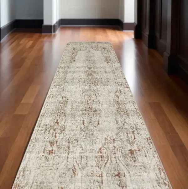 10' Abstract Power Loom Worn Faded Runner Rug With Fringe - Ivory Gray And Brown